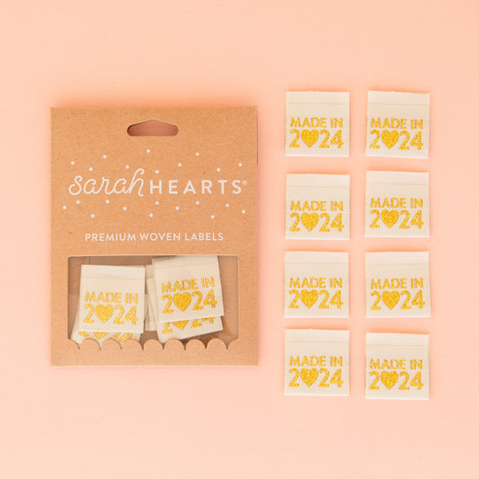 Sarah Hearts Sew In Labels - Made In 2024 Metallic Gold - 8 Pack