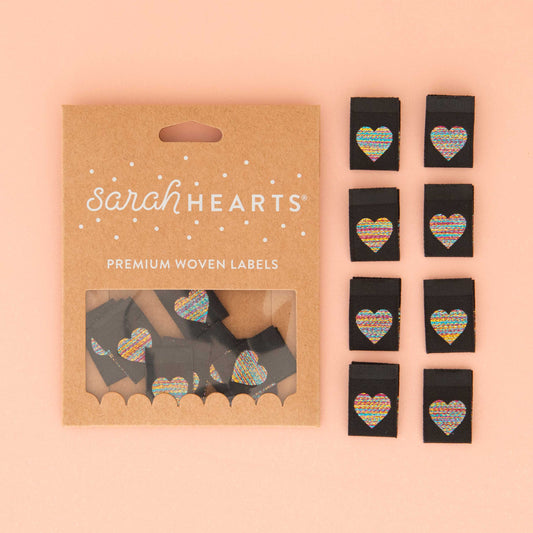 Sarah Hearts Sew In Labels - Metallic Rainbow Heart - 8 Pack